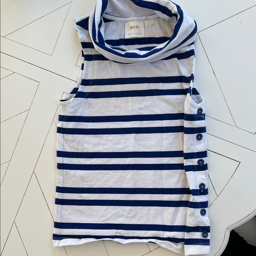 Maeve Anthropologie Blue and White Striped Sleeveless Top button side